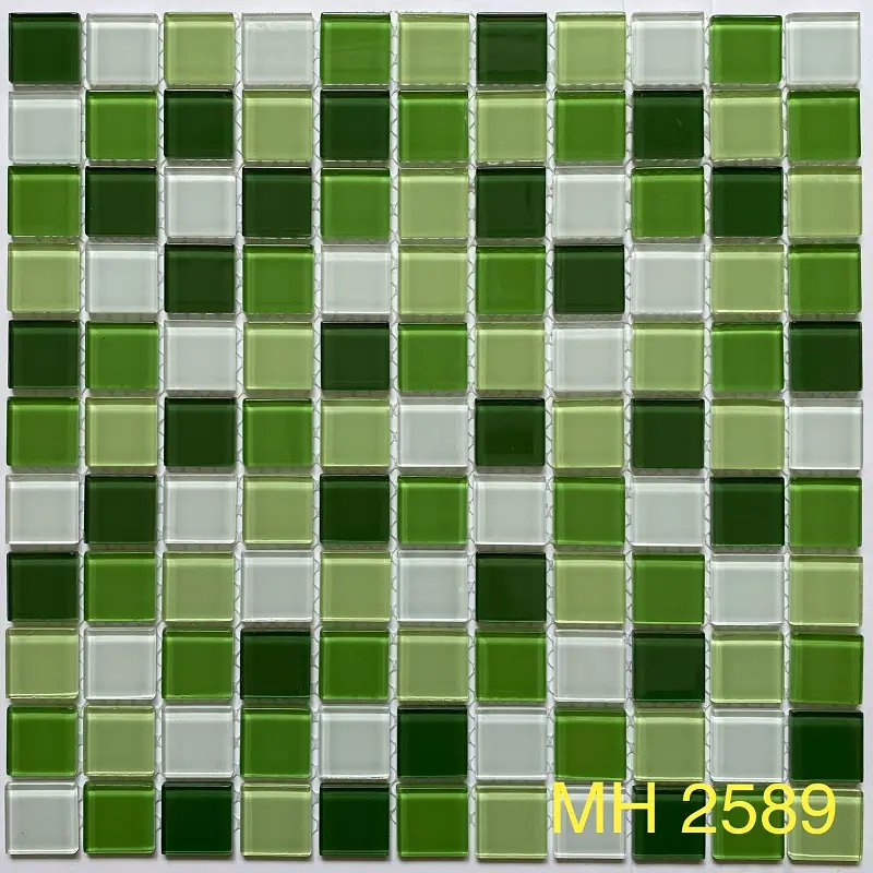 Gạch mosaic thủy tinh nhập khẩu, màu xanh lá trộn, KT viên  25mm x 25mm, KT vỉ 300x300mm, MH 2589 (1 thùng 22 vĩ = 2m2)